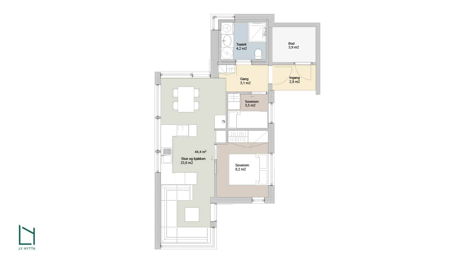 Plantegning av LY Hyttas prosjekterte hyttemodell Fri 4 med bod, inngang, gang, toalett, to soverom og stue og kjøkken. Illustrasjon.